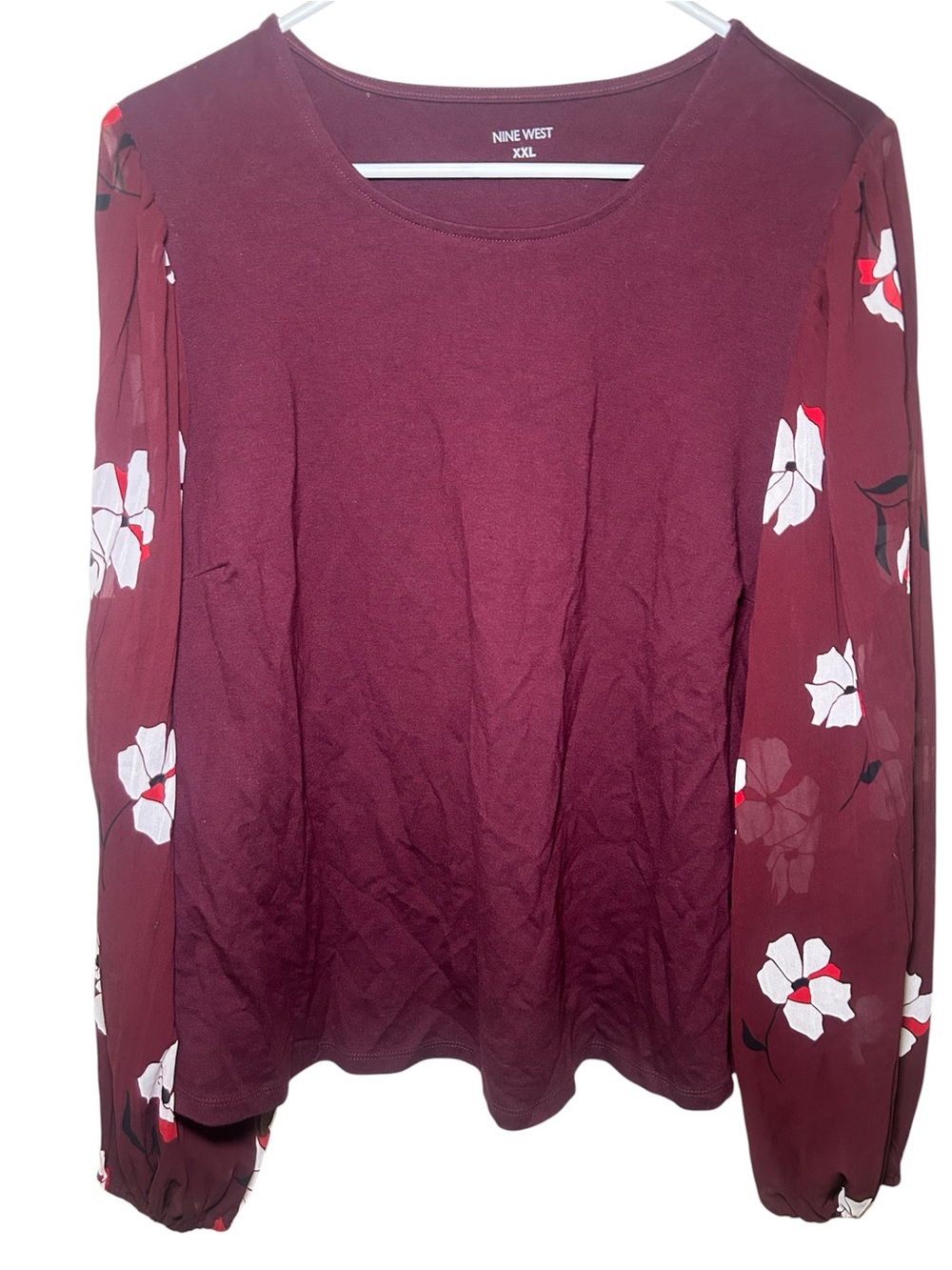 Nine West Burgundy Floral Sheer Long Sleeve Top XXL Office‎ Dinner Casual Plus